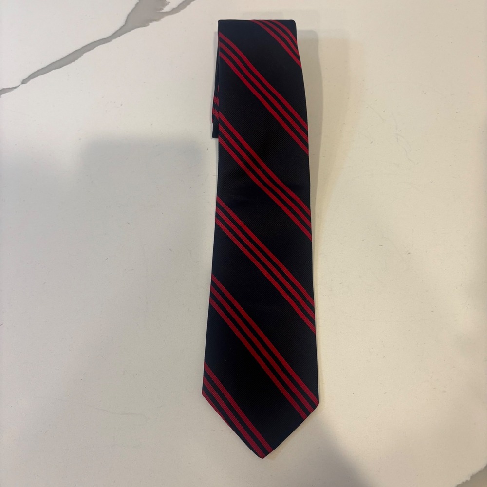 Brooks Brothers Makers Mens Silk Tie Navy Blue Red Diagonal Triple Stripe USA